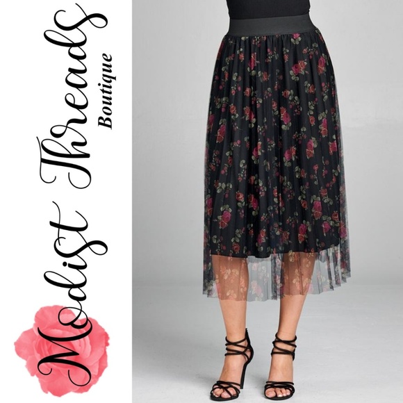 Pleated Floral Print Mesh Midi Skirt - Picture 2 of 5
